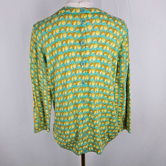 Talbots Sweater LP Faux Button-Back Pear Print Green Yellow Cottagecore - Picture 3 of 10